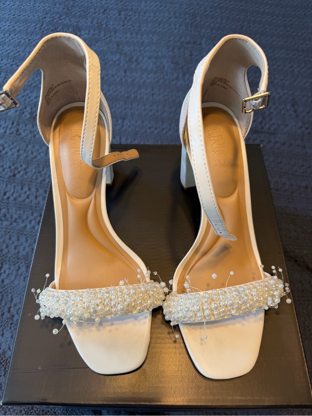 Pearl-Trim Block Heel Sandals